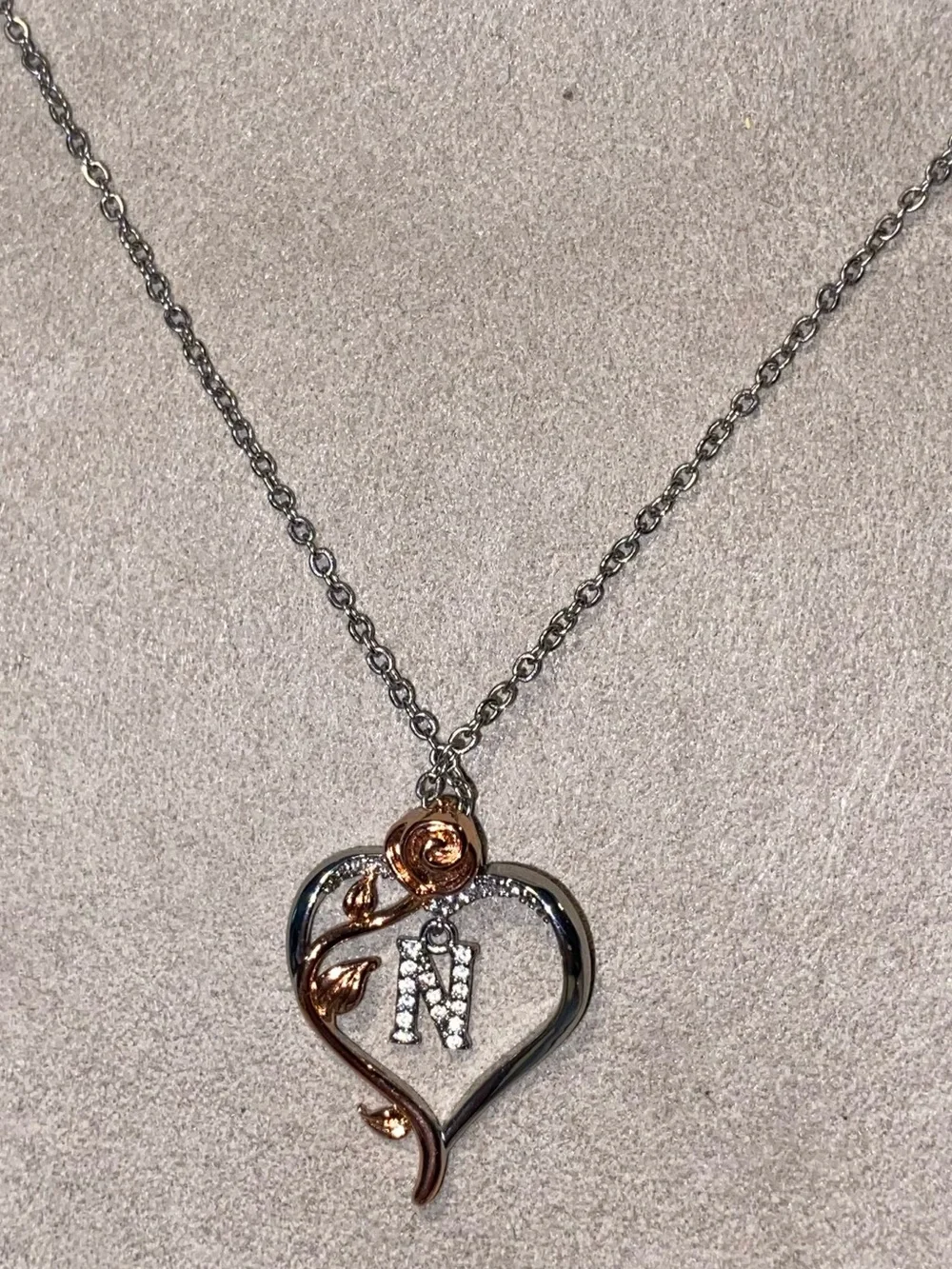 “N” Heart Pendant Necklace with Accent Stones-Silver & Rose Gold Initial